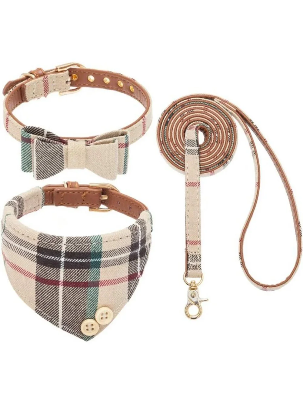 Plaid Dog Collar & Leash Set with Bow Tie & Bandana - Adjustable, Tangle-Free